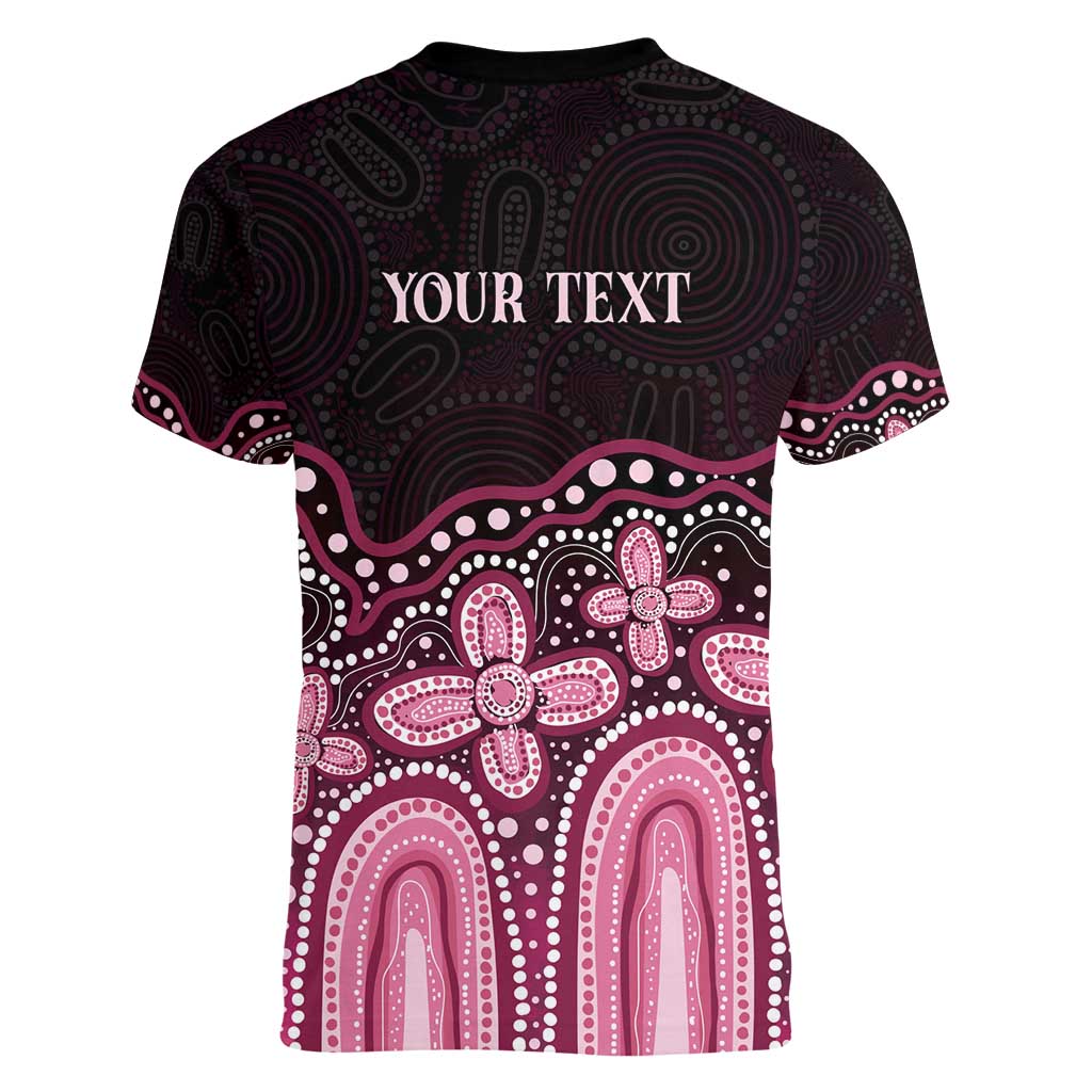 Australia Indigenous Personalized Women V-Neck T-Shirt Aboriginal Pink Ribbon Art