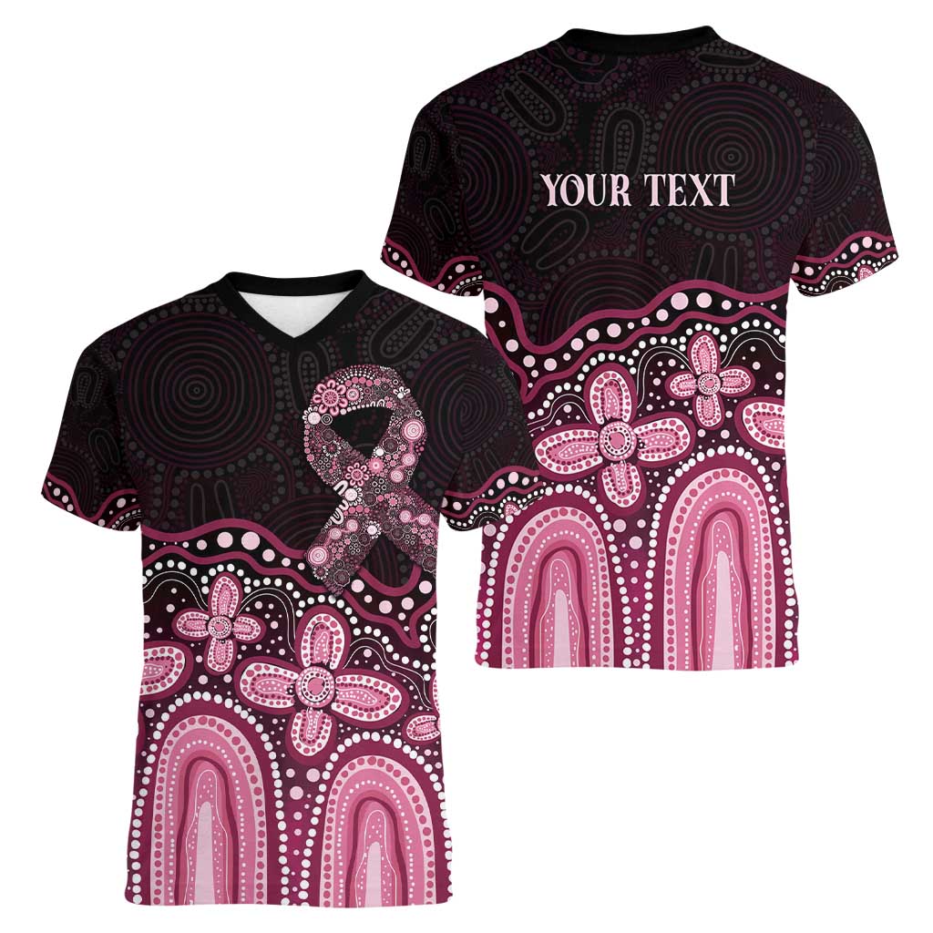 Australia Indigenous Personalized Women V-Neck T-Shirt Aboriginal Pink Ribbon Art