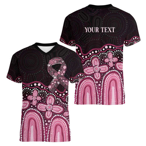 Australia Indigenous Personalized Women V-Neck T-Shirt Aboriginal Pink Ribbon Art