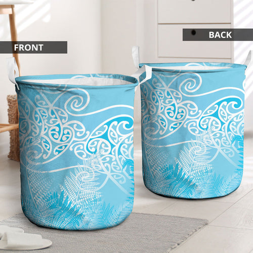 Aotearoa Maori Koru Curves Laundry Basket Silver Ferns - Turquoise