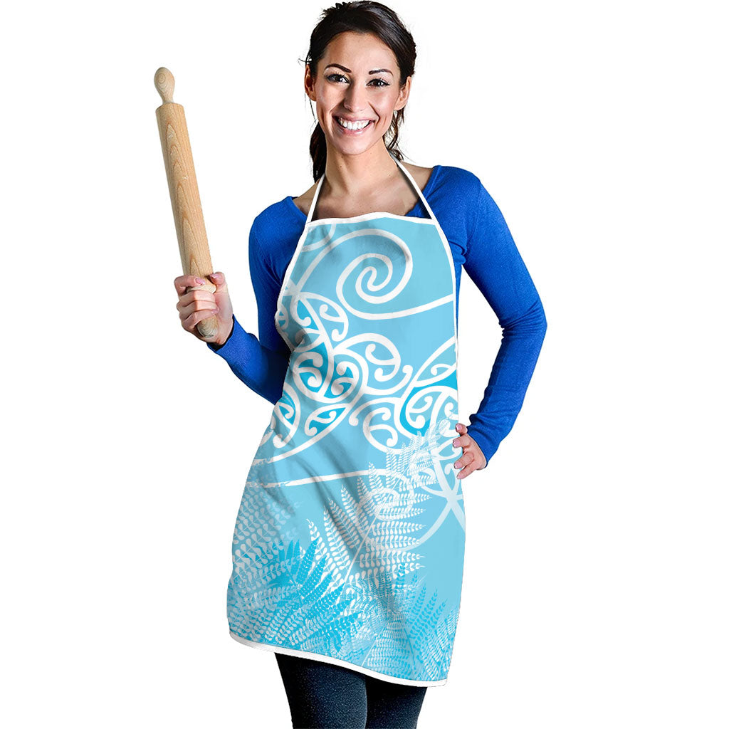 Aotearoa Maori Koru Curves Apron Silver Ferns - Turquoise