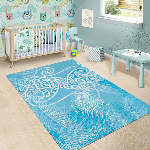 Aotearoa Maori Koru Curves Area Rug Silver Ferns - Turquoise