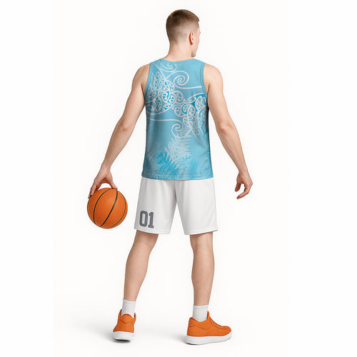 Aotearoa Maori Koru Curves Basketball Jersey Silver Ferns - Turquoise