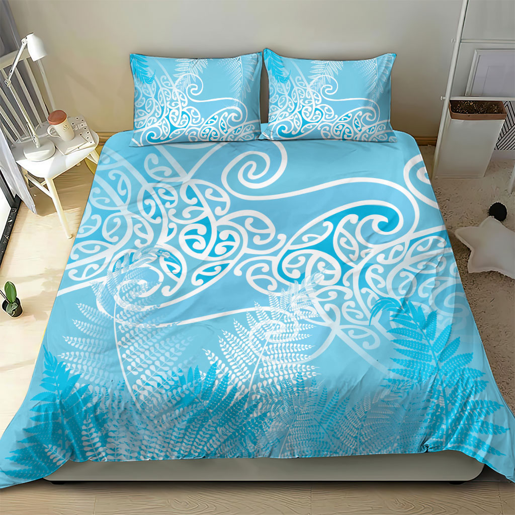Aotearoa Maori Koru Curves Bedding Set Silver Ferns - Turquoise