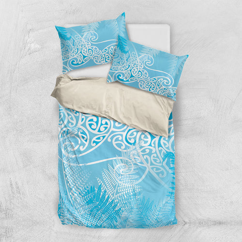 Aotearoa Maori Koru Curves Bedding Set Silver Ferns - Turquoise