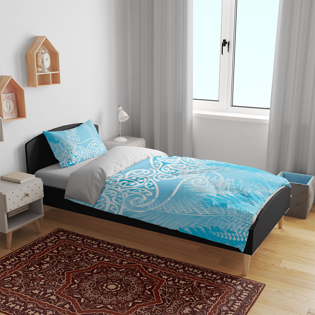 Aotearoa Maori Koru Curves Bedding Set Silver Ferns - Turquoise
