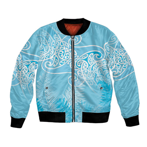 Aotearoa Maori Koru Curves Bomber Jacket Silver Ferns - Turquoise