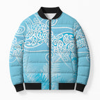 Aotearoa Maori Koru Curves Bomber Puffer Jacket Silver Ferns - Turquoise