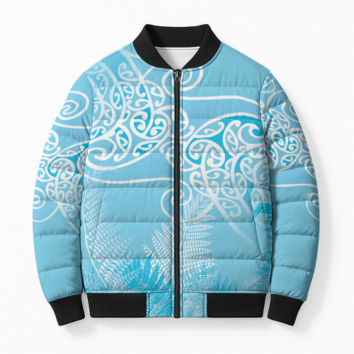 Aotearoa Maori Koru Curves Bomber Puffer Jacket Silver Ferns - Turquoise
