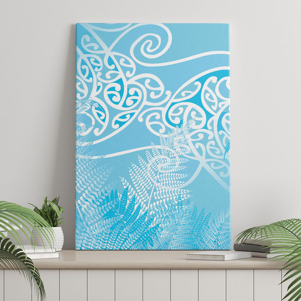 Aotearoa Maori Koru Curves Canvas Wall Art Silver Ferns - Turquoise