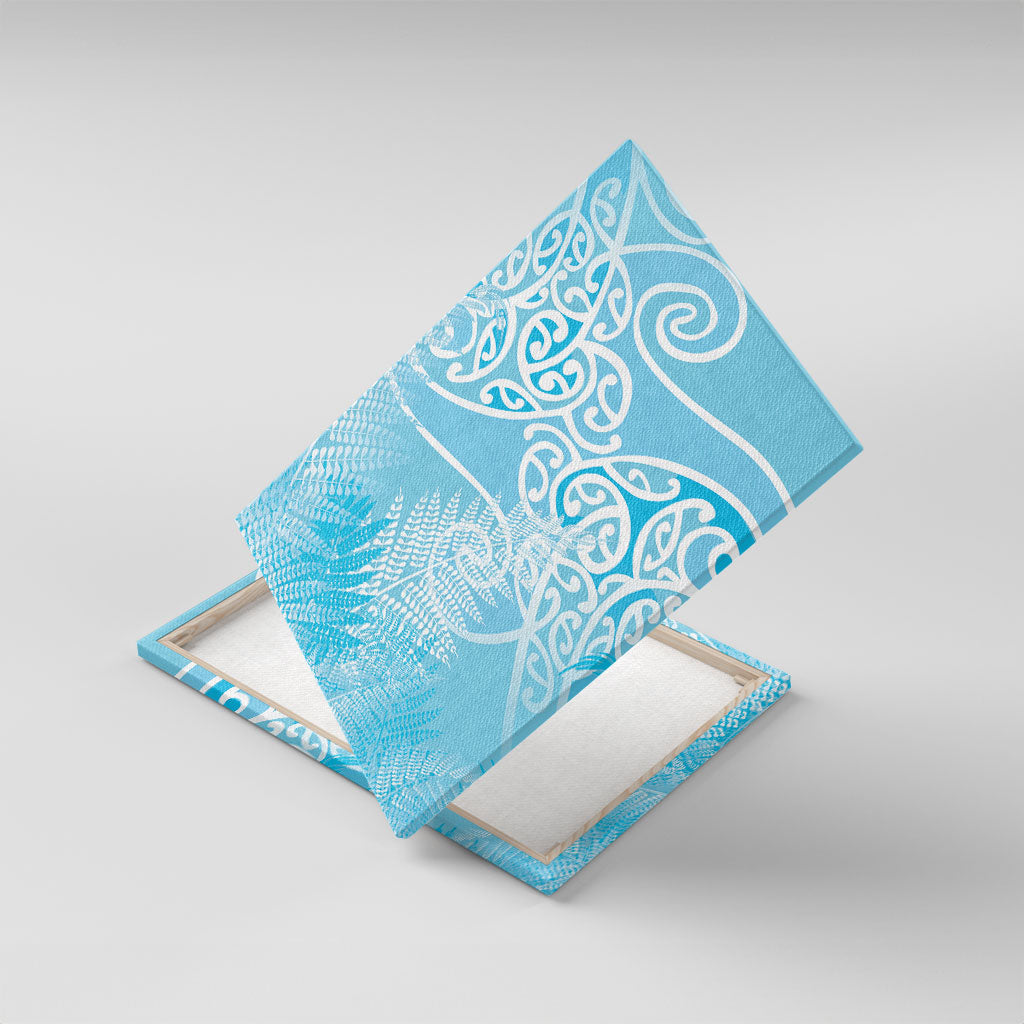 Aotearoa Maori Koru Curves Canvas Wall Art Silver Ferns - Turquoise