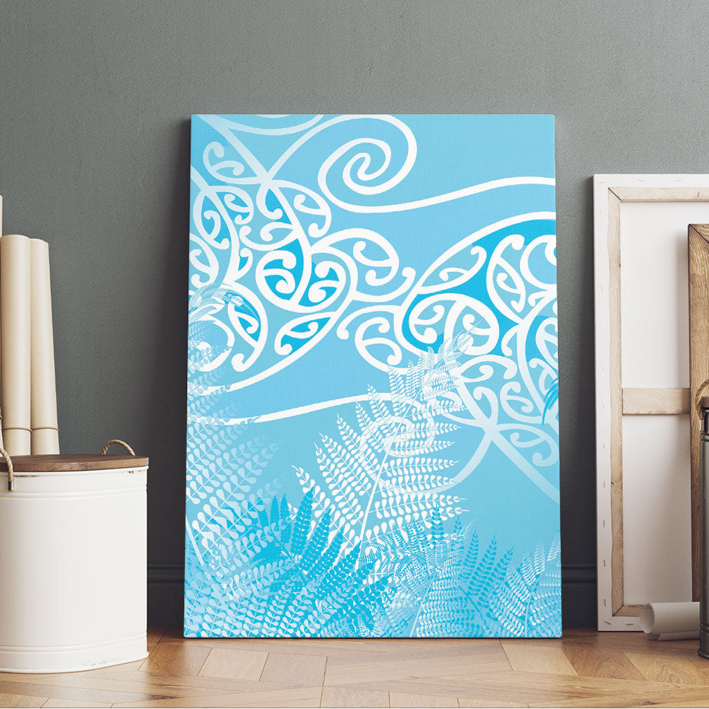 Aotearoa Maori Koru Curves Canvas Wall Art Silver Ferns - Turquoise
