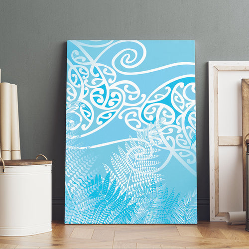 Aotearoa Maori Koru Curves Canvas Wall Art Silver Ferns - Turquoise