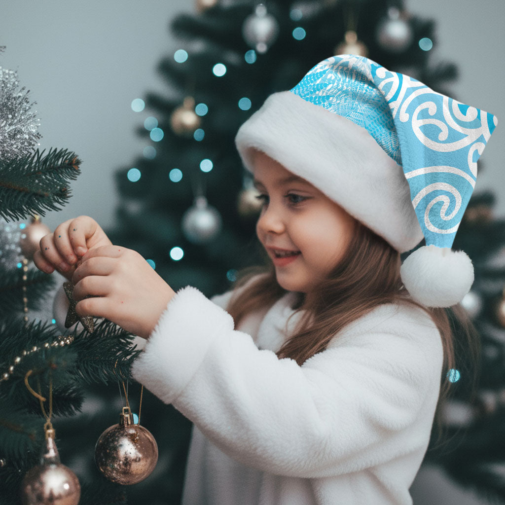 Aotearoa Maori Koru Curves Christmas Santa Hat Silver Ferns - Turquoise