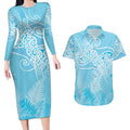Aotearoa Maori Koru Curves Couples Matching Long Sleeve Bodycon Dress and Hawaiian Shirt Silver Ferns - Turquoise