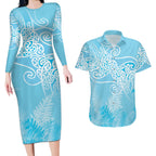 Aotearoa Maori Koru Curves Couples Matching Long Sleeve Bodycon Dress and Hawaiian Shirt Silver Ferns - Turquoise