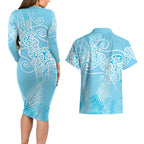 Aotearoa Maori Koru Curves Couples Matching Long Sleeve Bodycon Dress and Hawaiian Shirt Silver Ferns - Turquoise