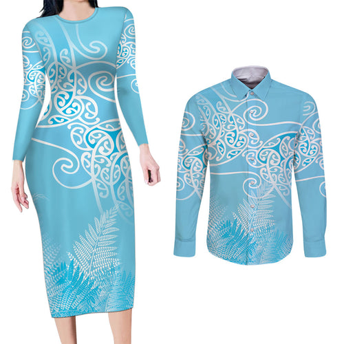 Aotearoa Maori Koru Curves Couples Matching Long Sleeve Bodycon Dress and Long Sleeve Button Shirt Silver Ferns - Turquoise