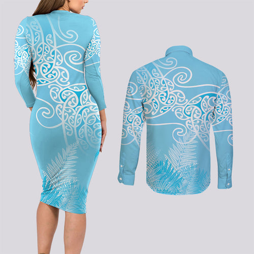 Aotearoa Maori Koru Curves Couples Matching Long Sleeve Bodycon Dress and Long Sleeve Button Shirt Silver Ferns - Turquoise