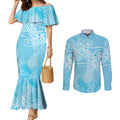 Aotearoa Maori Koru Curves Couples Matching Mermaid Dress and Long Sleeve Button Shirt Silver Ferns - Turquoise