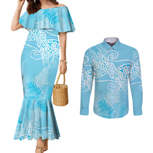 Aotearoa Maori Koru Curves Couples Matching Mermaid Dress and Long Sleeve Button Shirt Silver Ferns - Turquoise