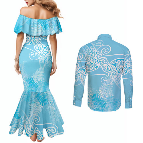 Aotearoa Maori Koru Curves Couples Matching Mermaid Dress and Long Sleeve Button Shirt Silver Ferns - Turquoise