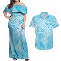 Aotearoa Maori Koru Curves Couples Matching Off Shoulder Maxi Dress and Hawaiian Shirt Silver Ferns - Turquoise