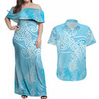 Aotearoa Maori Koru Curves Couples Matching Off Shoulder Maxi Dress and Hawaiian Shirt Silver Ferns - Turquoise