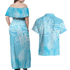 Aotearoa Maori Koru Curves Couples Matching Off Shoulder Maxi Dress and Hawaiian Shirt Silver Ferns - Turquoise