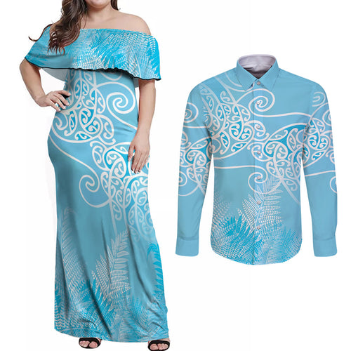 Aotearoa Maori Koru Curves Couples Matching Off Shoulder Maxi Dress and Long Sleeve Button Shirt Silver Ferns - Turquoise