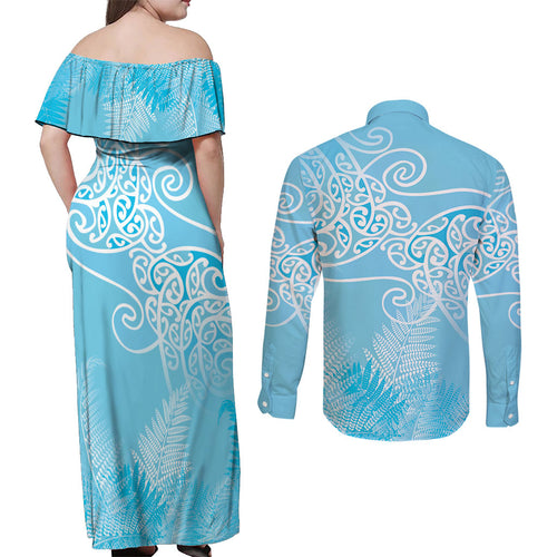 Aotearoa Maori Koru Curves Couples Matching Off Shoulder Maxi Dress and Long Sleeve Button Shirt Silver Ferns - Turquoise