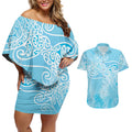 Aotearoa Maori Koru Curves Couples Matching Off Shoulder Short Dress and Hawaiian Shirt Silver Ferns - Turquoise