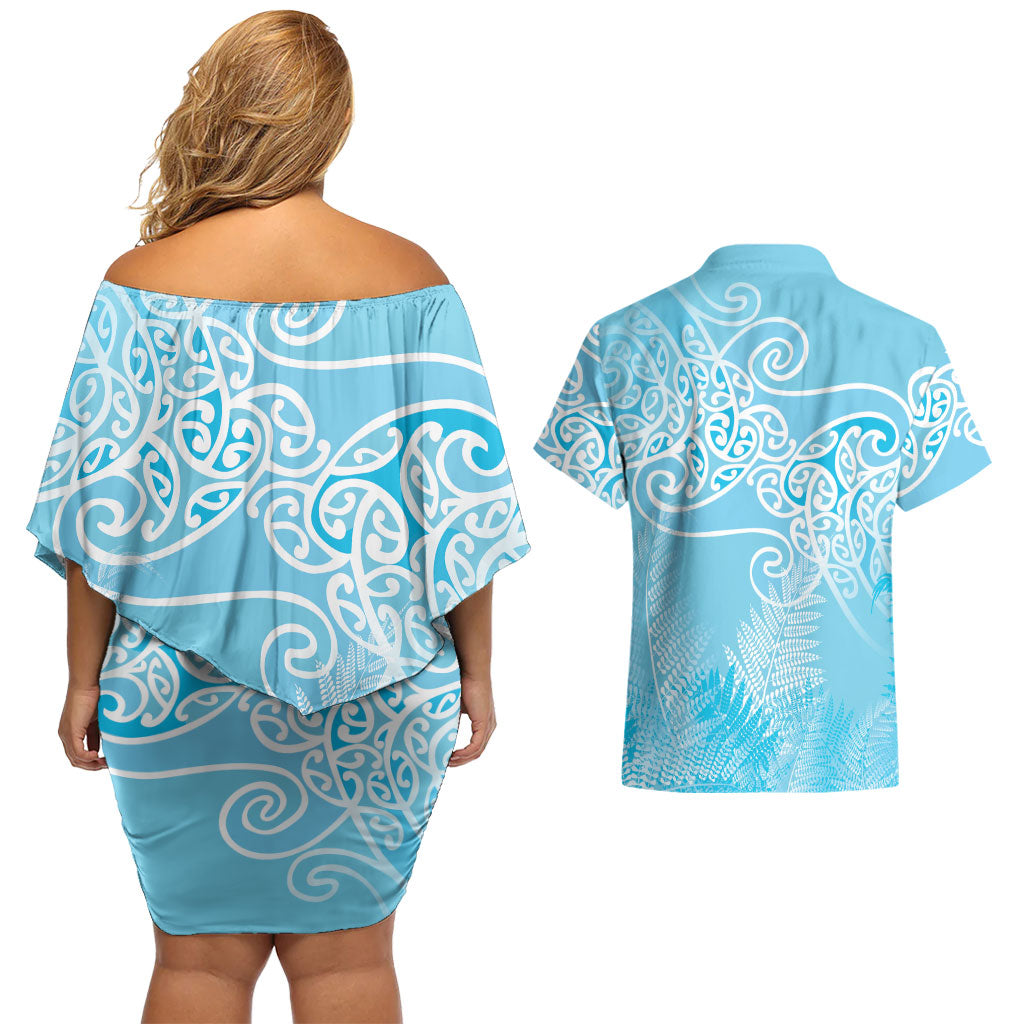 Aotearoa Maori Koru Curves Couples Matching Off Shoulder Short Dress and Hawaiian Shirt Silver Ferns - Turquoise