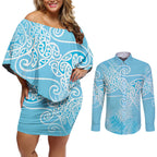 Aotearoa Maori Koru Curves Couples Matching Off Shoulder Short Dress and Long Sleeve Button Shirt Silver Ferns - Turquoise