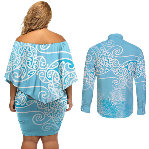 Aotearoa Maori Koru Curves Couples Matching Off Shoulder Short Dress and Long Sleeve Button Shirt Silver Ferns - Turquoise
