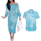 Aotearoa Maori Koru Curves Couples Matching Off The Shoulder Long Sleeve Dress and Hawaiian Shirt Silver Ferns - Turquoise