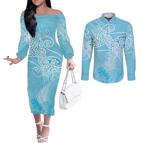 Aotearoa Maori Koru Curves Couples Matching Off The Shoulder Long Sleeve Dress and Long Sleeve Button Shirt Silver Ferns - Turquoise