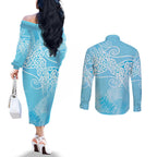 Aotearoa Maori Koru Curves Couples Matching Off The Shoulder Long Sleeve Dress and Long Sleeve Button Shirt Silver Ferns - Turquoise