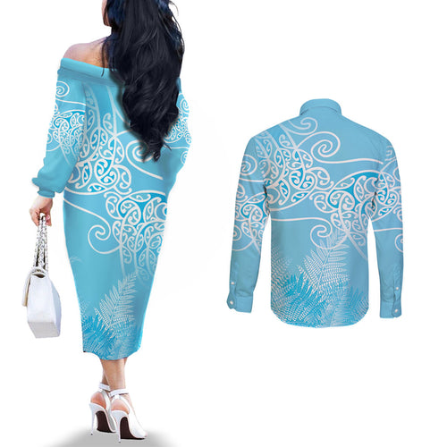Aotearoa Maori Koru Curves Couples Matching Off The Shoulder Long Sleeve Dress and Long Sleeve Button Shirt Silver Ferns - Turquoise