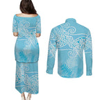 Aotearoa Maori Koru Curves Couples Matching Puletasi and Long Sleeve Button Shirt Silver Ferns - Turquoise