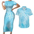 Aotearoa Maori Koru Curves Couples Matching Short Sleeve Bodycon Dress and Hawaiian Shirt Silver Ferns - Turquoise