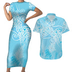 Aotearoa Maori Koru Curves Couples Matching Short Sleeve Bodycon Dress and Hawaiian Shirt Silver Ferns - Turquoise