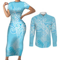Aotearoa Maori Koru Curves Couples Matching Short Sleeve Bodycon Dress and Long Sleeve Button Shirt Silver Ferns - Turquoise