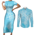 Aotearoa Maori Koru Curves Couples Matching Short Sleeve Bodycon Dress and Long Sleeve Button Shirt Silver Ferns - Turquoise