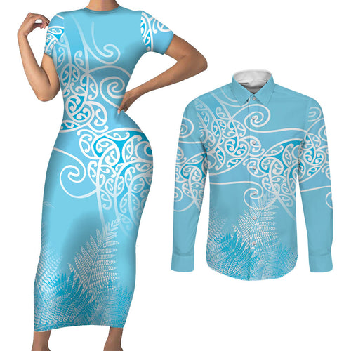 Aotearoa Maori Koru Curves Couples Matching Short Sleeve Bodycon Dress and Long Sleeve Button Shirt Silver Ferns - Turquoise