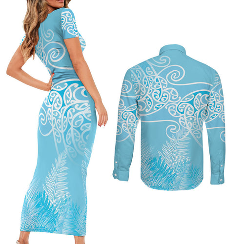 Aotearoa Maori Koru Curves Couples Matching Short Sleeve Bodycon Dress and Long Sleeve Button Shirt Silver Ferns - Turquoise