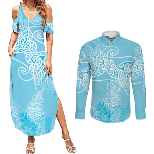 Aotearoa Maori Koru Curves Couples Matching Summer Maxi Dress and Long Sleeve Button Shirt Silver Ferns - Turquoise