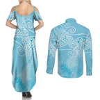 Aotearoa Maori Koru Curves Couples Matching Summer Maxi Dress and Long Sleeve Button Shirt Silver Ferns - Turquoise