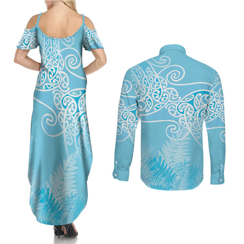 Aotearoa Maori Koru Curves Couples Matching Summer Maxi Dress and Long Sleeve Button Shirt Silver Ferns - Turquoise