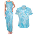 Aotearoa Maori Koru Curves Couples Matching Tank Maxi Dress and Hawaiian Shirt Silver Ferns - Turquoise